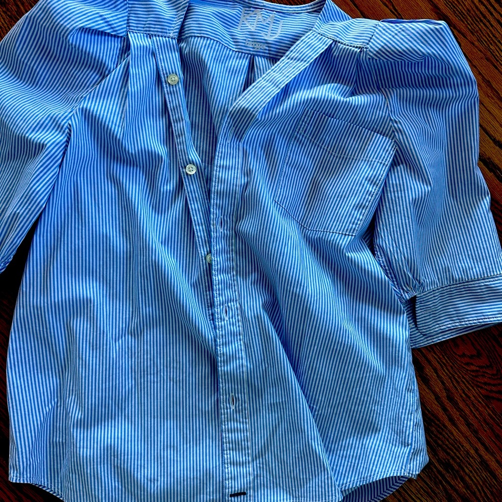 Recycled work shirt as a woman’s blouse